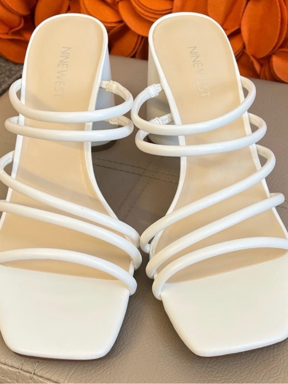 Nine West White Multi-Strap Square-Toe Slide Heels